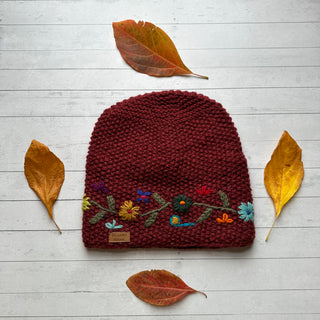 Earthy Red Floral Embroidered Wool Beanie Hat