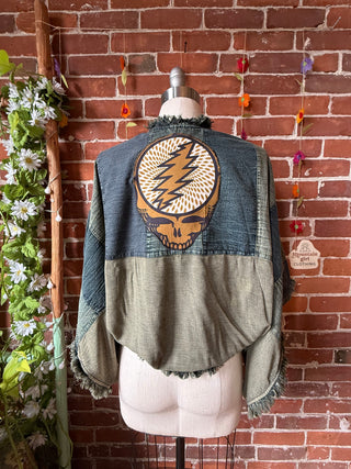 OOAK Autumn Collection - Grateful Dead Inspired Denim Mosaic Patchwork Cocoon Shawl