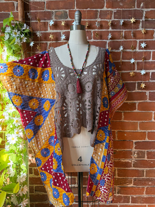 Upcycled Crochet Hi Lo Kantha Poncho Top