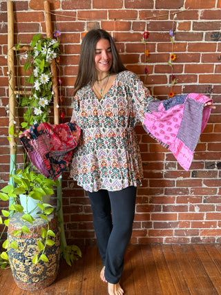 OOAK Autumn Collection- Upcycled Boho Wrap Style Bell Sleeve Top Plus Size 1X