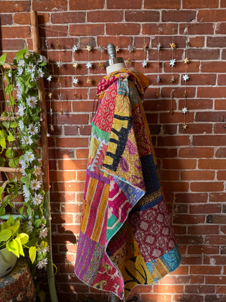 Sierra Dreams Patchwork Upcycled Cotton Kantha Poncho Tunic Hoodie