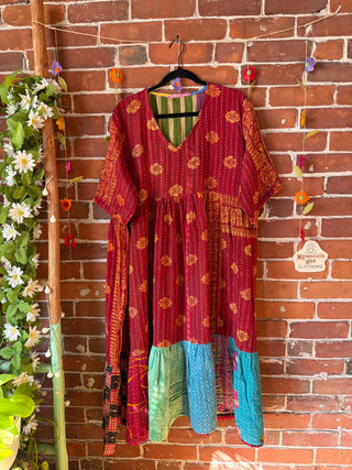 Coffee In The Morning Kantha Dress - Fits up to 3X - 100% Cotton- Fair Trade Made
