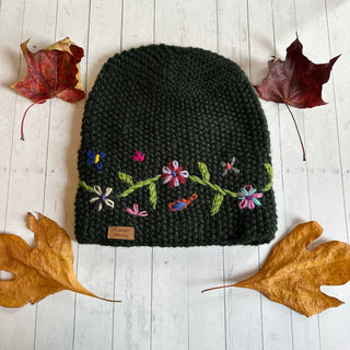 Green Floral Embroidered Wool Beanie Hat