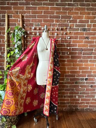 Twilight Reversible Kantha Long Hooded Duster Vest