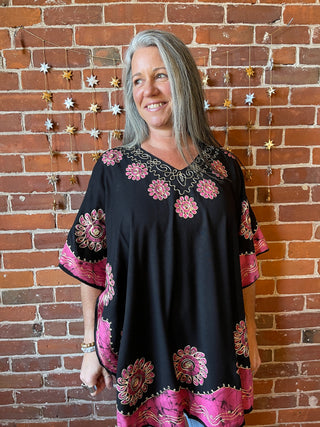 Artemis Batik Long Tunic Top - Black/Pink