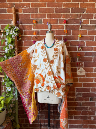 OOAK Summer Collection- Upcycled Embroidered Kantha Flowy Hi Lo Poncho Jacket
