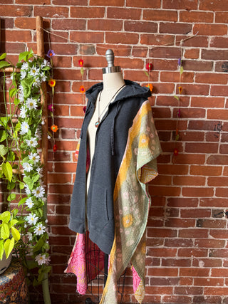 OOAK Autumn Collection- Upcycled Hi Lo Kantha Rock Painting Hoodie Poncho