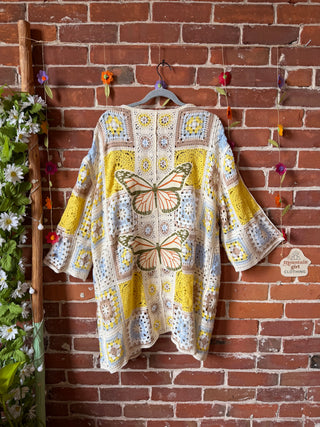 Bohemian Luna Butterfly Crochet Granny Square Sweater - Yellow +Blue