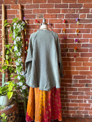 100% Cotton Gauze Olive Light Layer Button Up Top