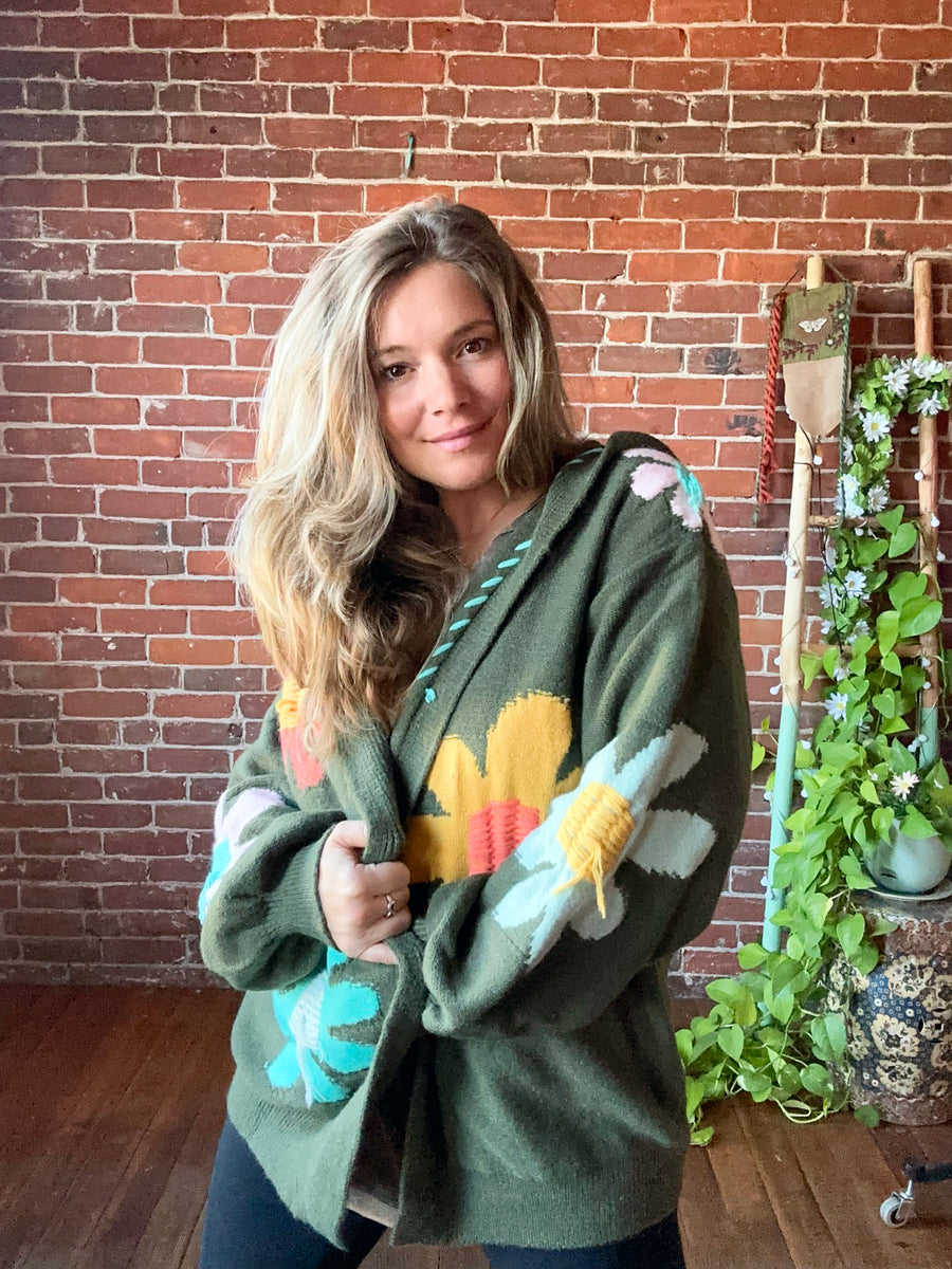 Flower Child Olive Green Knit Sweater Hoodie - Multiple Sizes Available  - Item: 1119