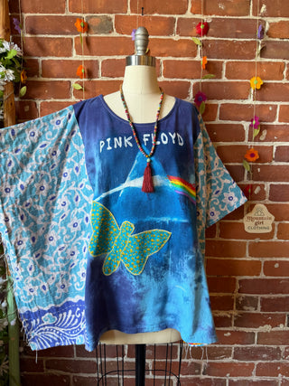 OOAK Summer Collection- Upcycled Pink Floyd Tie Dye Inspired Vintage Butterfly Patch Kantha Poncho Tee