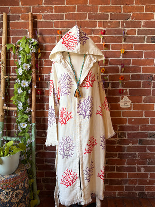 Coral Pattern 100% Cotton Hoodie Kimono Robe  - Fair Trade Made