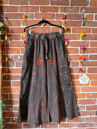 Embroidered Bohemian Spring Wide Leg Lounge Pants - Brown 100% Cotton - Fair Trade Made
