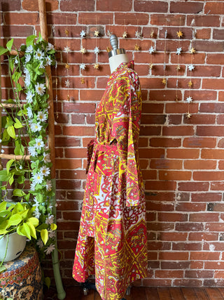 Red + Yellow Mandala Long Tapestry Robe Kimono with Pockets and Belt