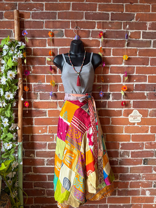 Reversible Upcycled Sari Silky Patchwork Wrap Skirt - Fair Trade Made