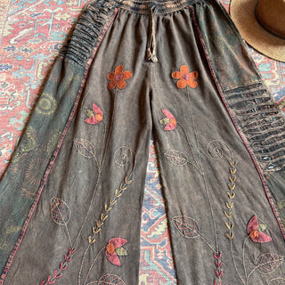 Embroidered Bohemian Spring Wide Leg Lounge Pants - Brown 100% Cotton - Fair Trade Made