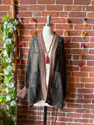 Autumn Stroll Patchwork Batwing Sleeve Kimono Layer - Dark Earth Tones