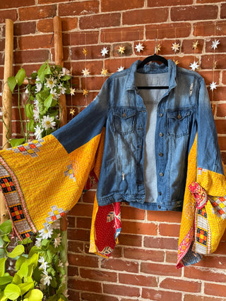 OOAK Autumn Collection- Birdsong Kantha Denim Wing Style Poncho Jacket