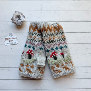 Mushroom Fair Isle Fleece Lined Wool Handwarmers / Fingerless Gloves-Final Sale