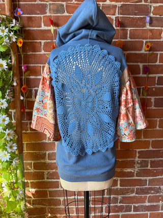 OOAK Autumn Collection- Size XS/Small Upcycled Patchwork Bell Sleeve Crochet Cut Out Hoodie