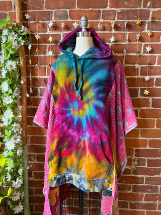 Soul Shine Maine X Mountain Girl Collab OOAK Upcycled Tie Dye Kantha Hi Lo Hoodie