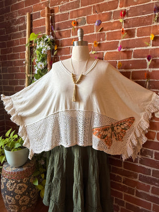 OOAK Summer Collection - Upcycled Luna Butterfly Flowy Trapeze Style Top 🦋 Cream