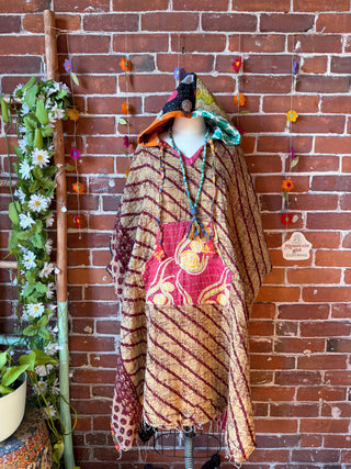 Sierra Dreams Reversible 100% Cotton Kantha Poncho Tunic Hoodie Beach Coverup - Fair Trade Made