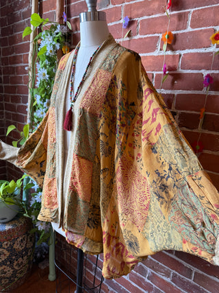 Autumn Stroll Patchwork Batwing Sleeve Kimono Layer - Warm Earth Tones