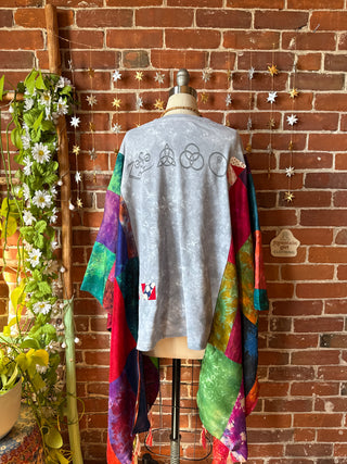 OOAK Winter Collection- Upcycled Silk Patchwork Tie Dye Led Zeppelin Inspired Hi Lo Poncho Top