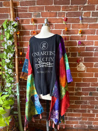 OOAK Autumn Collection- Garth Brooks Inspired Upcycled Silk Patchwork Tie Dye Hi Lo Poncho Top