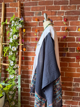 Upcycled Rolling Stones Inspired Navy Embroidered Poncho Tassel Top