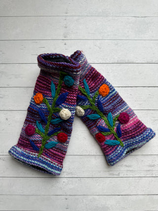 Floral Vine Fleece Lined Wool Handwarmers / Fingerless Gloves - Fair Trade Made