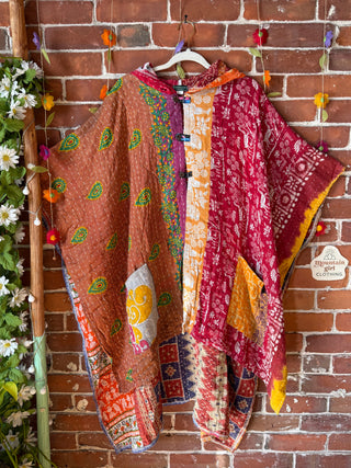 Mystery Print Autumn Sunset Patchwork Upcycled Kantha Hoodie Poncho Jacket- Fair Trade Made