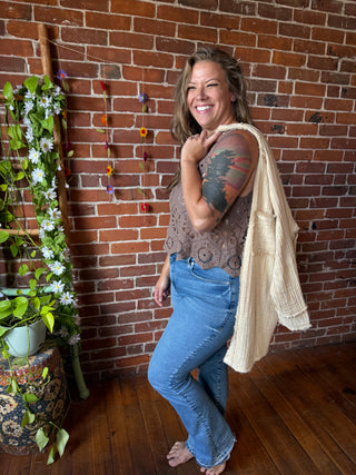 100% Cotton Gauze Meadow Button Up Top - Light Taupe