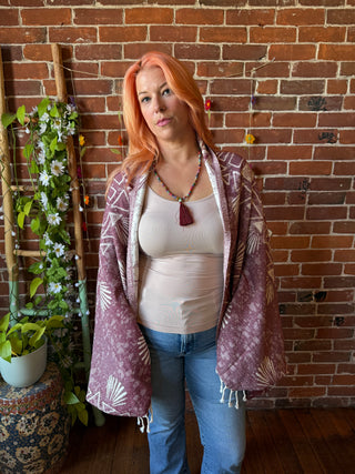 Red Sky Fringe Cocoon Shawl Reversible Kimono - 100% Cotton