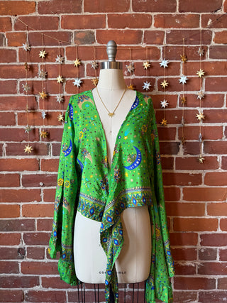 Green Sun, Moon + Stars Celestial Cropped Bell Sleeve Wrap Top