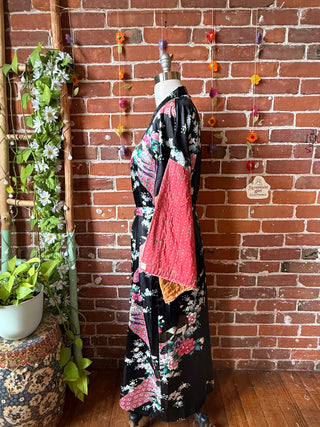 OOAK Summer Collection- Upcycled Long Silky Kimono Robe with Kantha Bell Sleeves