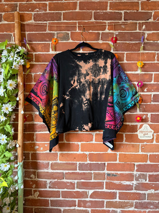 OOAK Autumn Collection- Upcycled Cropped Bleach Tie Dye Tapestry Poncho Tee