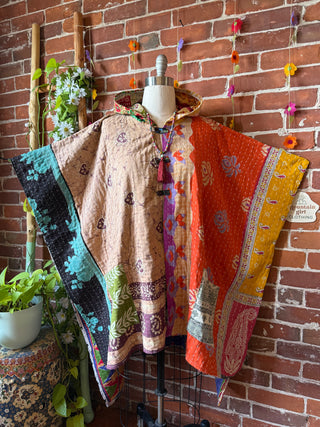 Mystery Print Autumn Sunset Patchwork Upcycled Kantha Hoodie Poncho Jacket- Fair Trade Made