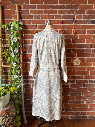 Silver + White Mandala Long Tapestry Robe Kimono w/ Pockets + Belt - Fair Trade Made