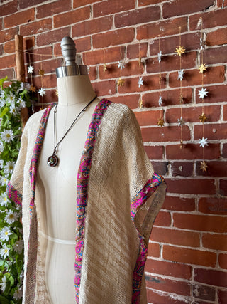 100% Cotton Cream Woven Fringe Kimono Robe