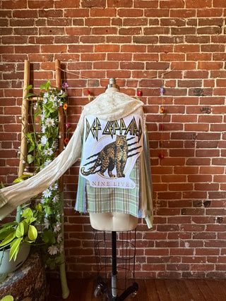 OOAK Autumn Collection- Size Small/Medium Upcycled Lace Plaid Def Leppard Hoodie Button Up