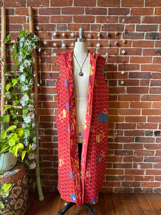 Twilight Reversible Kantha Long Hooded Duster Vest