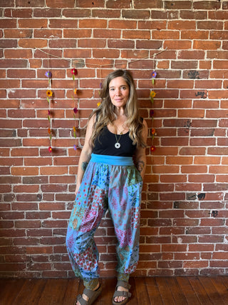 100% Cotton Harem Foldover Waistband Patchwork Pant - Fair Trade Made -Multiple Colors Available
