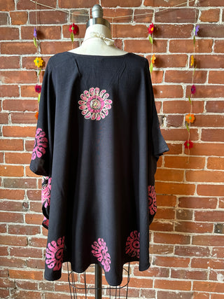 Artemis Batik Long Tunic Top - Black/Pink