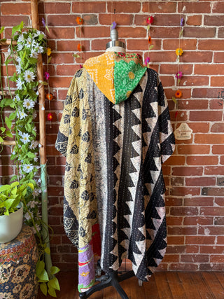 Mystery Print Autumn Sunset Patchwork Upcycled Kantha Hoodie Poncho Jacket- Fair Trade Made