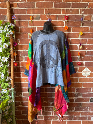 Peace Patch Upcycled Silk Patchwork Tie Dye Hi Lo Poncho Top