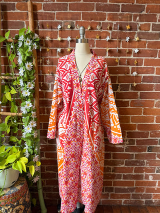 Orange Mandala Long Tapestry Robe Kimono with Pockets and Belt