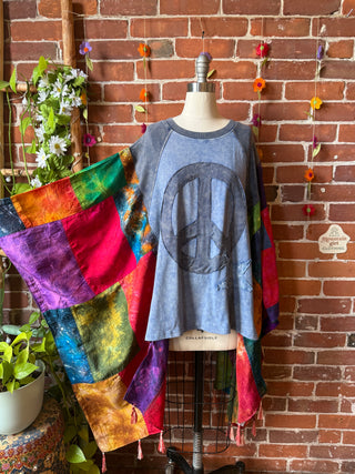 Peace Patch Upcycled Silk Patchwork Tie Dye Hi Lo Poncho Top