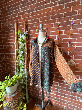 OOAK Autumn Collection- Size L/XL Upcycled Flowy Patchwork Guns N Roses Inspired Button Up Too